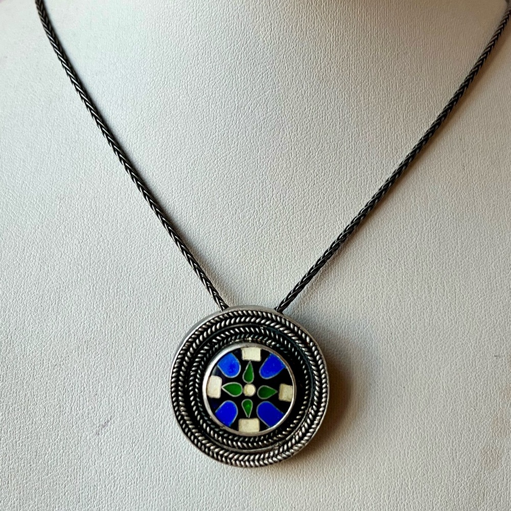VINTAGE 925 STERLING ARTISAN PENDANT CHAI NECKLACE GEMSTONES INLAID PIN BROOCH - Picture 13 of 16